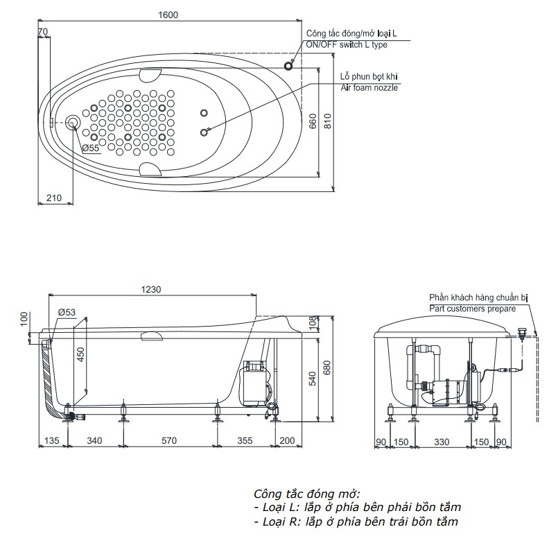 Bồn tắm massage TOTO PPYB1610RHPTE#P ngọc trai 1m6 tay vịn