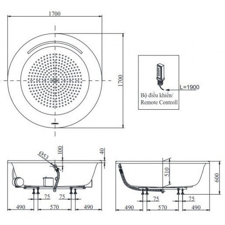Bồn tắm massage TOTO PPYB1720HPTE#P ngọc trai 1m7 tay vịn