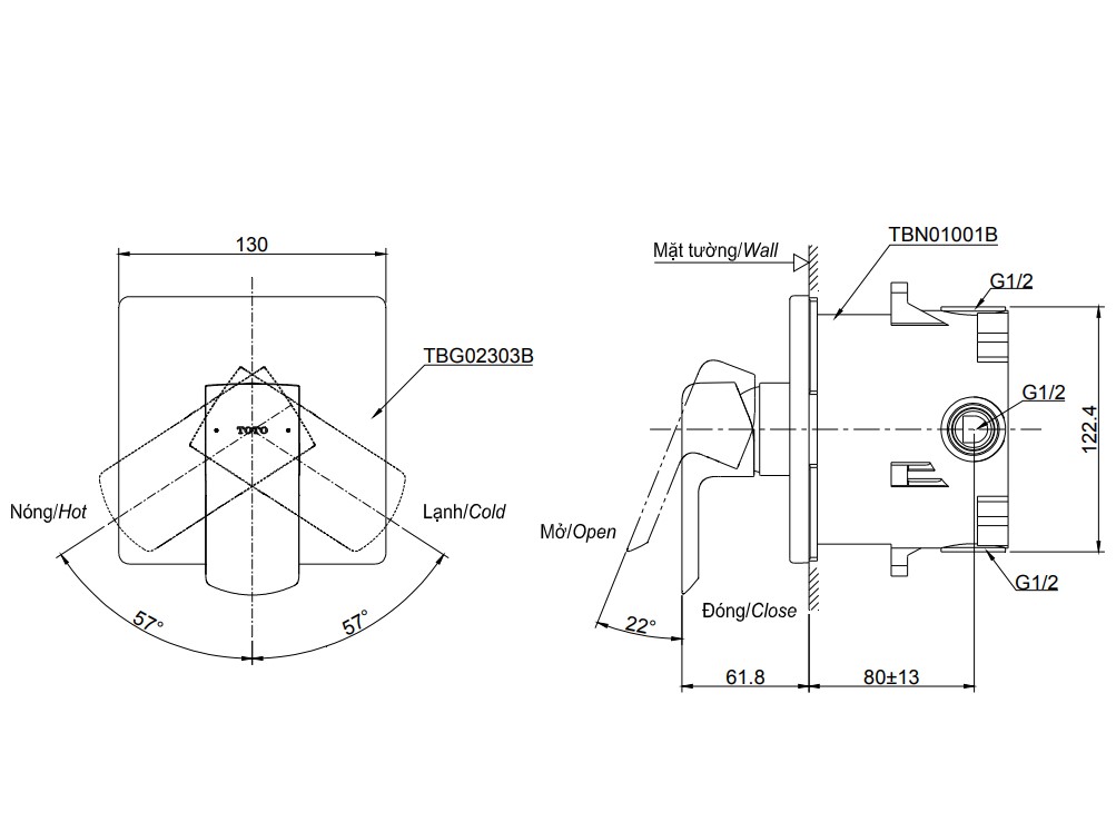 Van gật gù điều chỉnh nóng lạnh TOTO TBG02303BA kèm phụ kiện âm tường TBN01001B