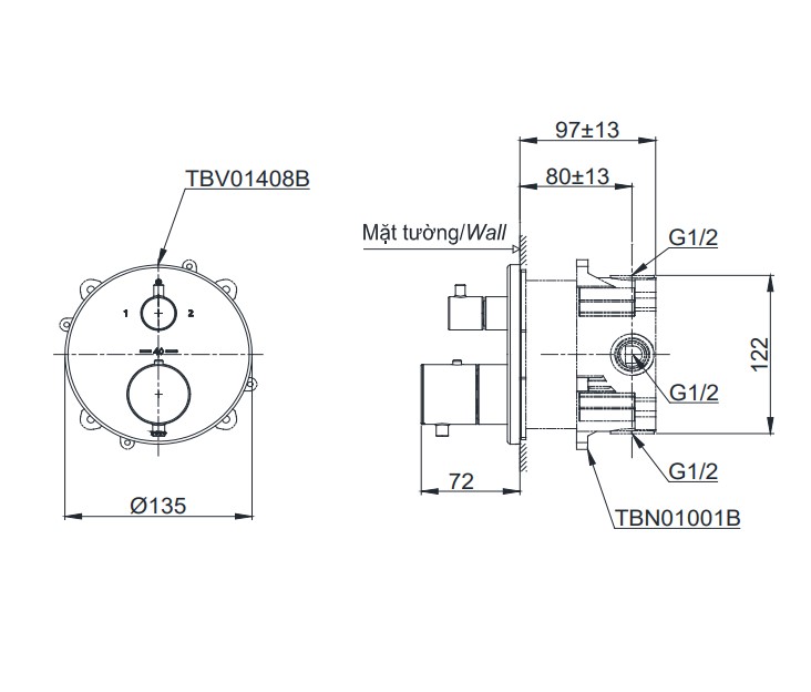 Bản vẽ kỹ thuật van chỉnh nhiệt độ sen âm tường TOTO TBV01408B và phụ kiện âm tường TBN01001B