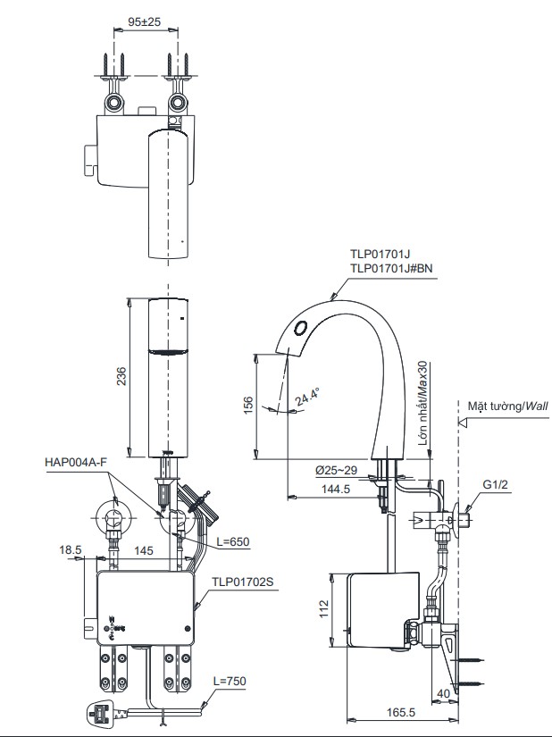 Bản vẽ vòi lavabo cảm ứng TOTO TLP01701J#BN