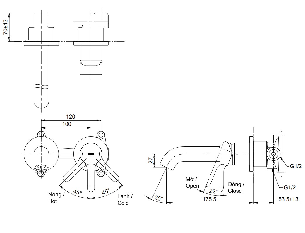 Vòi lavabo nóng lạnh gắn tường LB TOTO TLS01309B