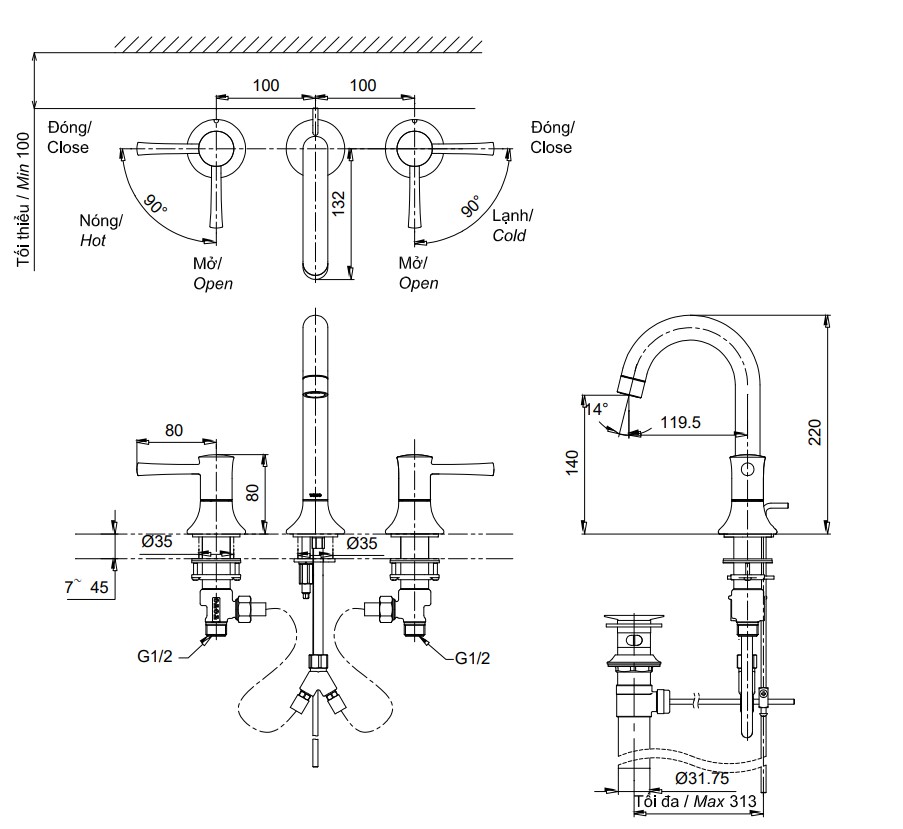 Bản vẽ kỹ thuật vòi nước TOTO TLS02201BA 3 lỗ