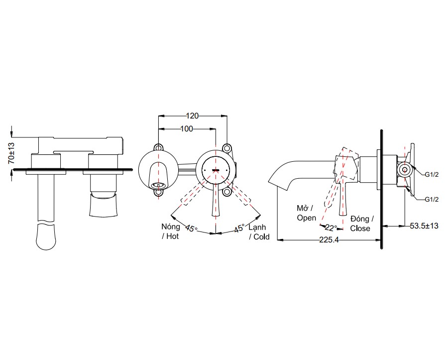 Bản vẽ vòi lavabo TLS02308B TOTO gắn tường