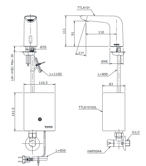 Vòi lavabo cảm ứng TOTO TTLA101 TTLE101E2L HAP004A (nước lạnh - dùng điện)