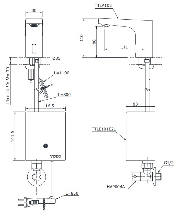 Bản vẽ vòi lavabo cảm ứng Toto TTLA102_TTLE101E2L_HAP004A
