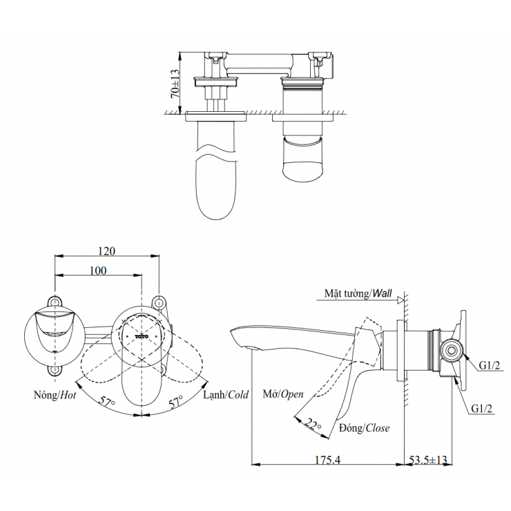 Vòi lavabo nóng lạnh gắn tường GO TOTO TLG01310BB