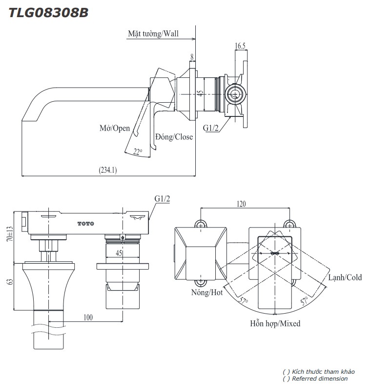 Vòi lavabo nóng lạnh gắn tường GC TOTO TLG08308BA
