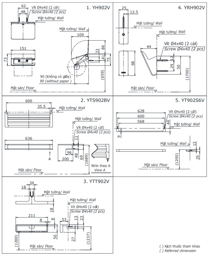 Bộ phụ kiện nhà tắm TOTO YS902N5V (5 món, tròn, G Series)