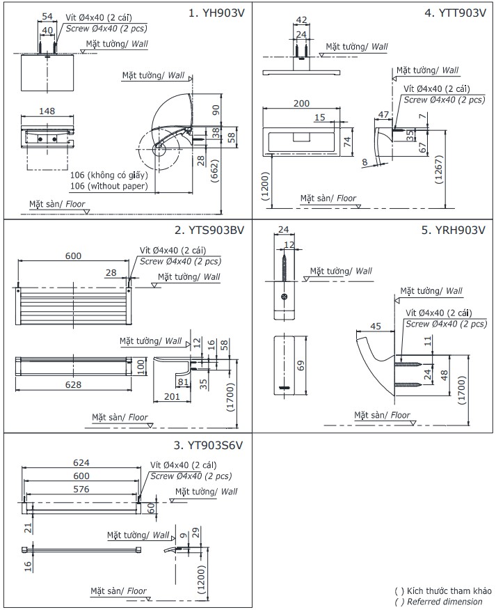 Bộ phụ kiện nhà tắm TOTO YS903N5V (5 món, vuông, G Series)