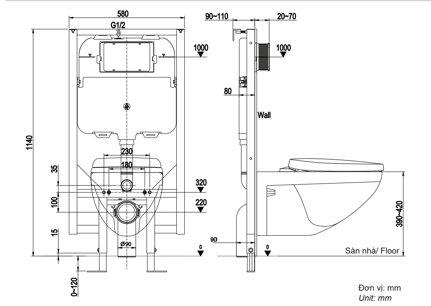 Bồn cầu INAX treo tường AC-23PVN bản vẽ lắp đặt