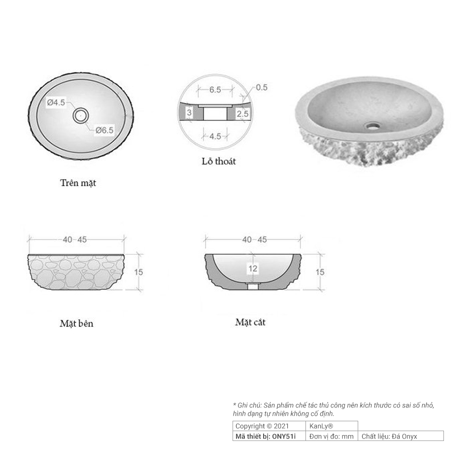 Chậu lavabo đặt bàn Kanly bằng đá ONYX ONY51i