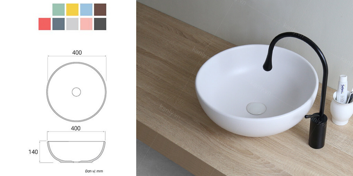 Chậu lavabo đặt bàn Kanly tròn sứ màu SU51