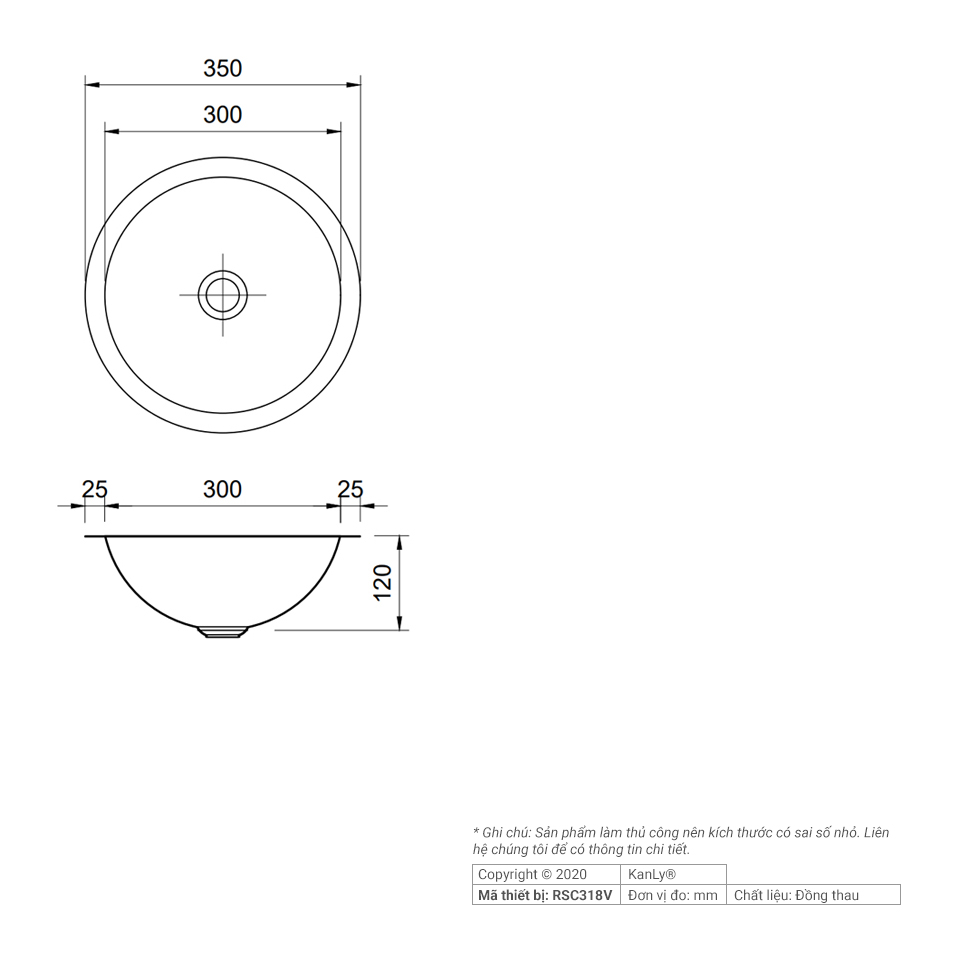 Chậu lavabo đặt bàn Kanly bằng đồng RSC318V