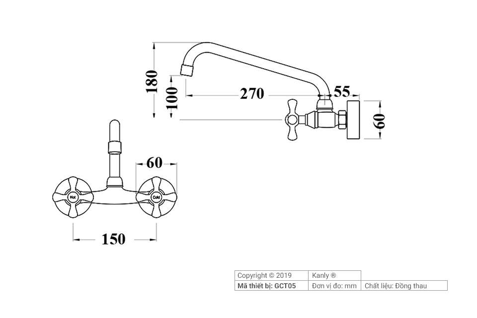 Vòi âm tường nóng lạnh bằng đồng Kanly GCT05