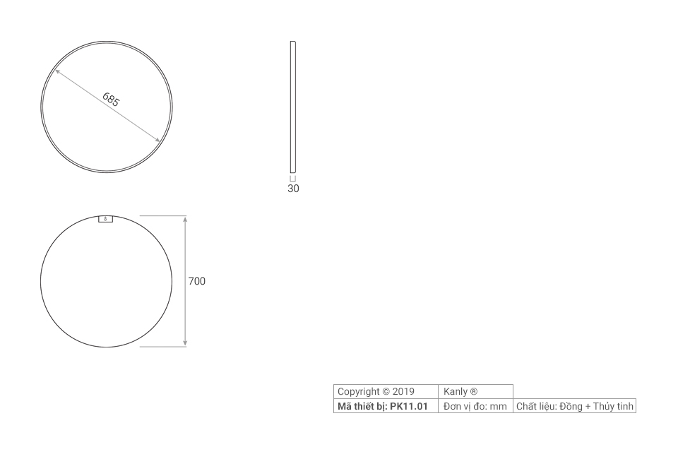 Gương soi khung bằng đồng 50x70cm Kanly PK11.01