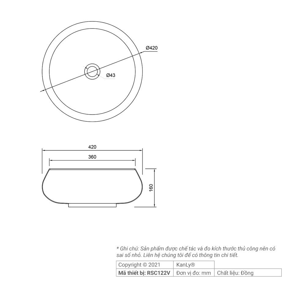 Chậu lavabo đặt bàn Kanly bằng đồng RSC122V/21V