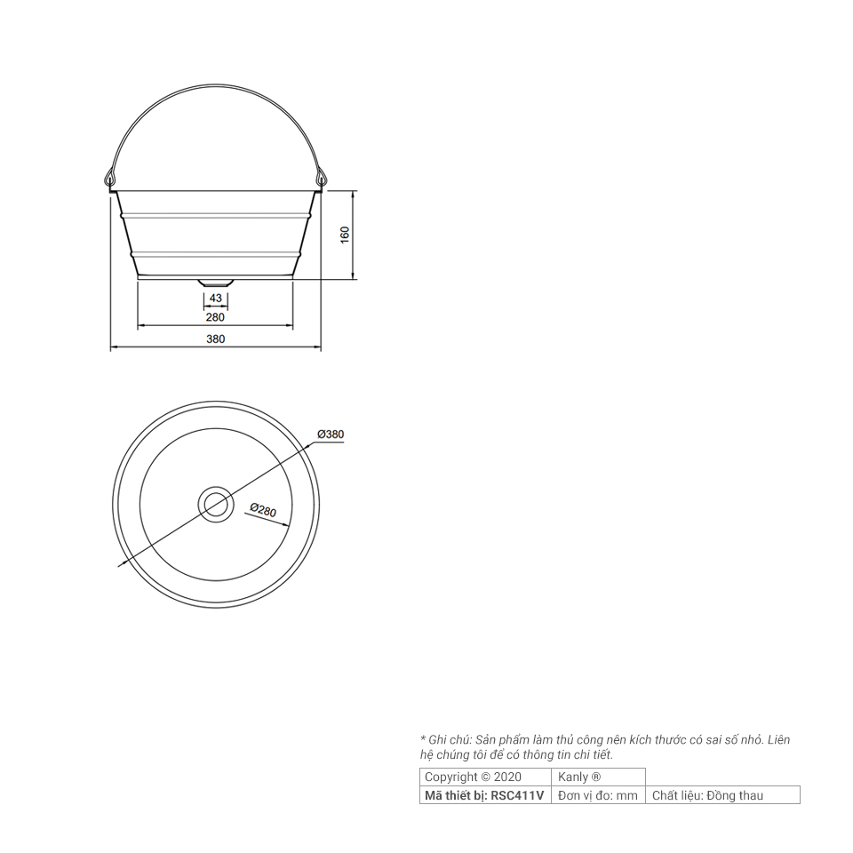 Chậu lavabo đặt bàn Kanly bằng đồng RSC411V/12V