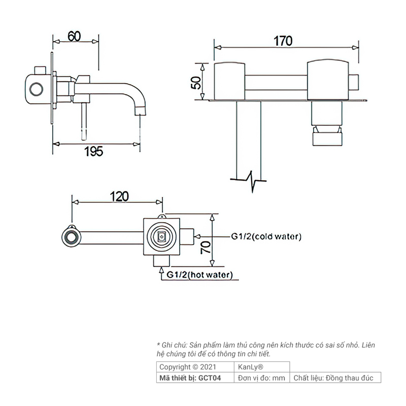 Vòi âm tường nóng lạnh bằng đồng Kanly GCT04/ GCT04B