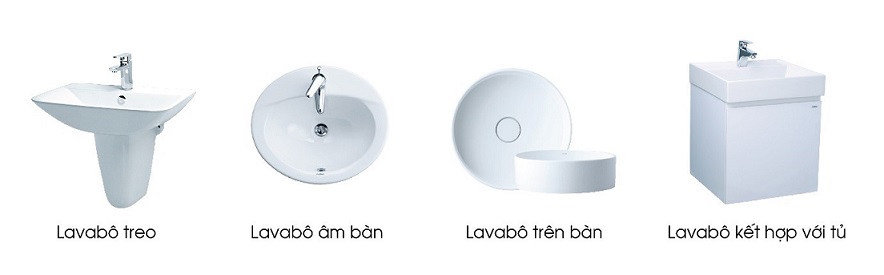 Có 4 loại lavabo Caesar chính: treo tường, âm bàn, đặt bàn và kế hợp với tủ
