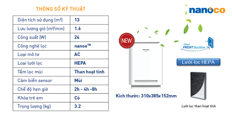 Máy lọc không khí Panasonic F-P15EHA 13m2 nhỏ gọn