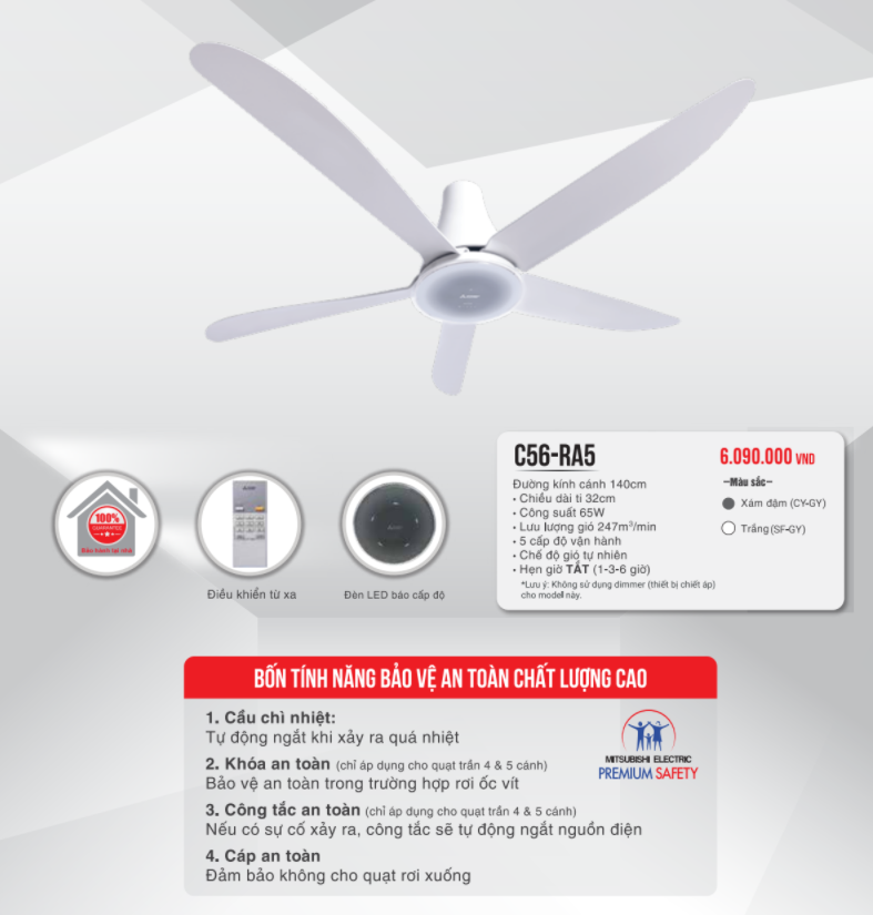 Quạt trần 5 cánh điều khiển từ xa Mitsubishi C56-RA5 ti 32cm