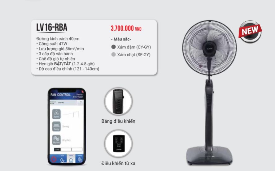 Quạt đứng điều khiển từ xa và bluetooth Mitsubishi LV16-RBA