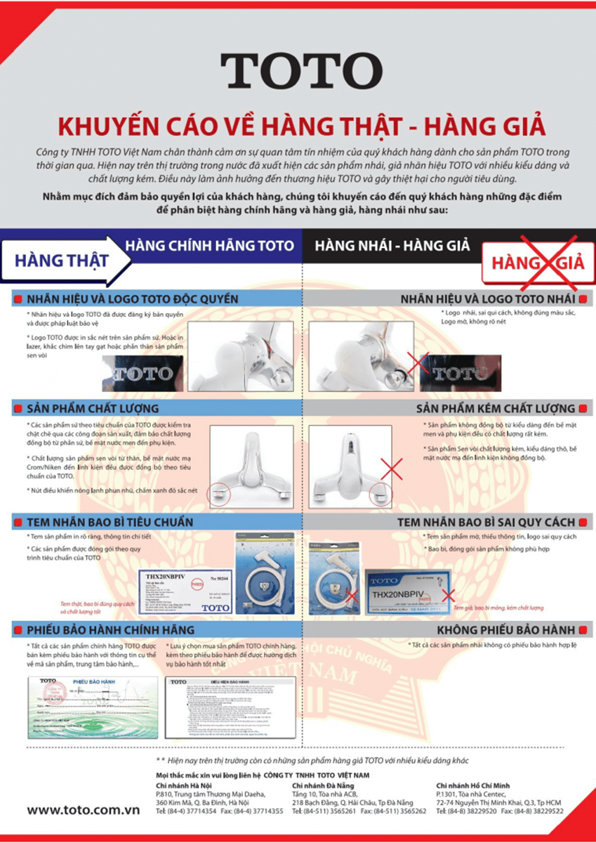 Các sản phẩm giả nhái, các thiết bị không phải do đại lý chính hãng TOTO và INAX phân phối