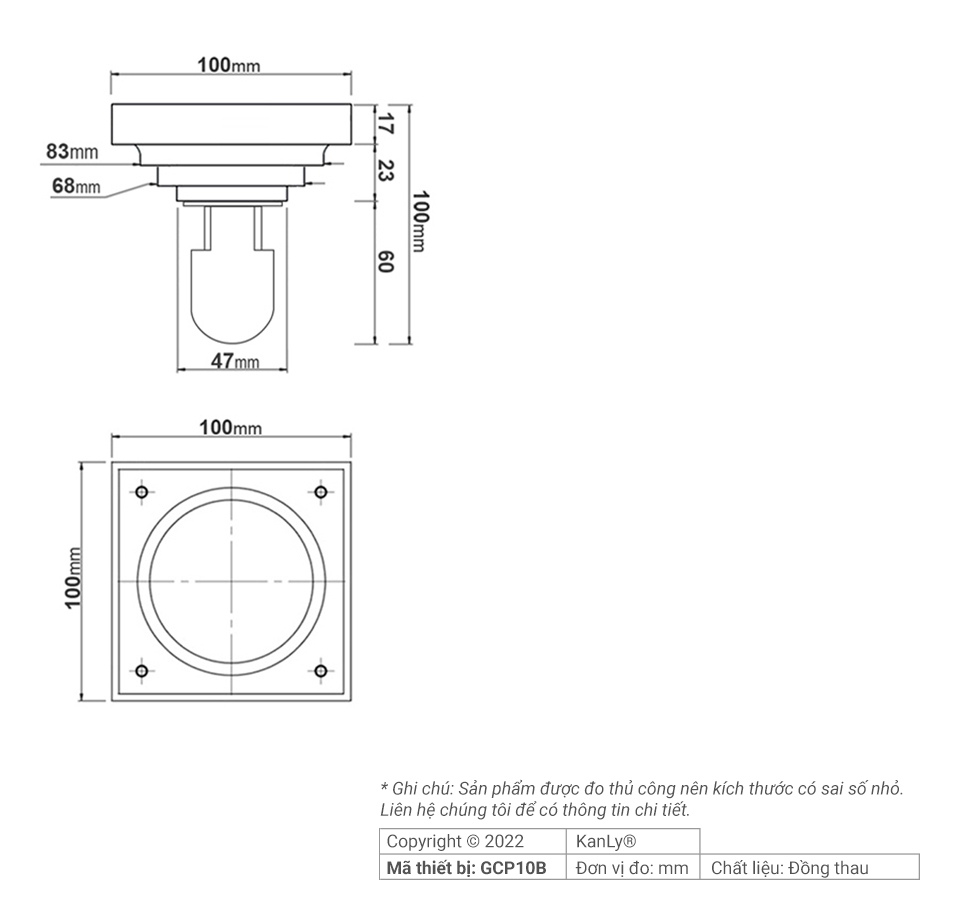 Phễu thoát sàn bằng đồng 10x10cm Kanly GCP10B