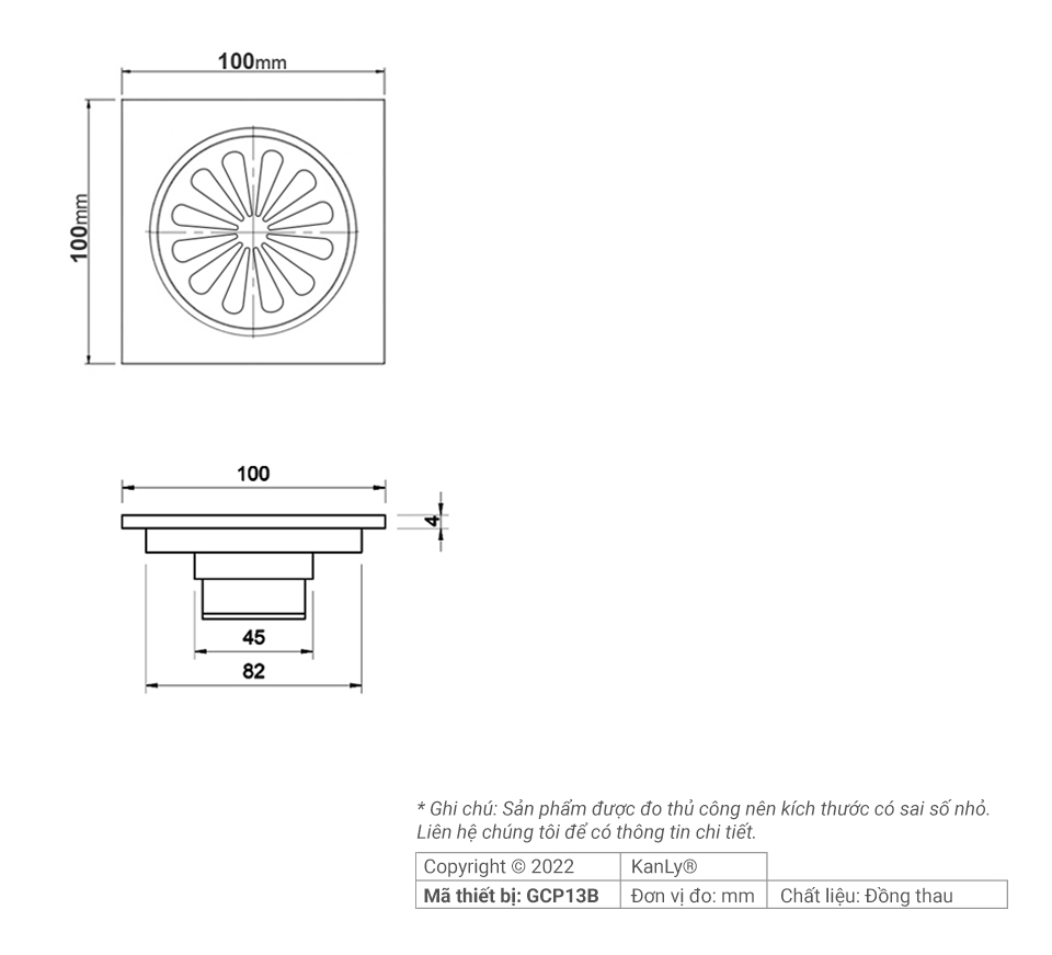 Phễu thoát sàn bằng đồng 10x10cm Kanly GCP13B