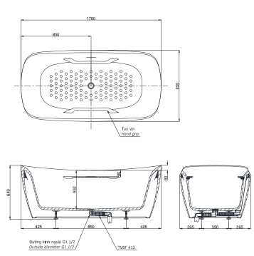 Bồn tắm Galalato cao cấp đặt sàn 1m7 trắng mờ TOTO PJY1734PWEN#MW/TVBF412