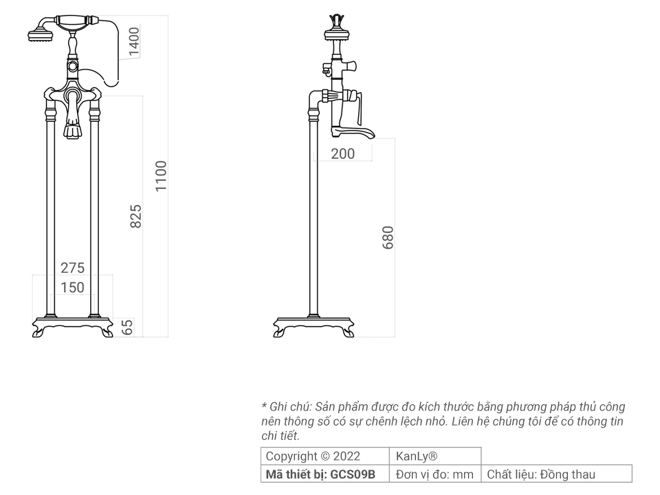 Bộ sen tắm đặt sàn nóng lạnh bằng đồng Kanly GCS09B