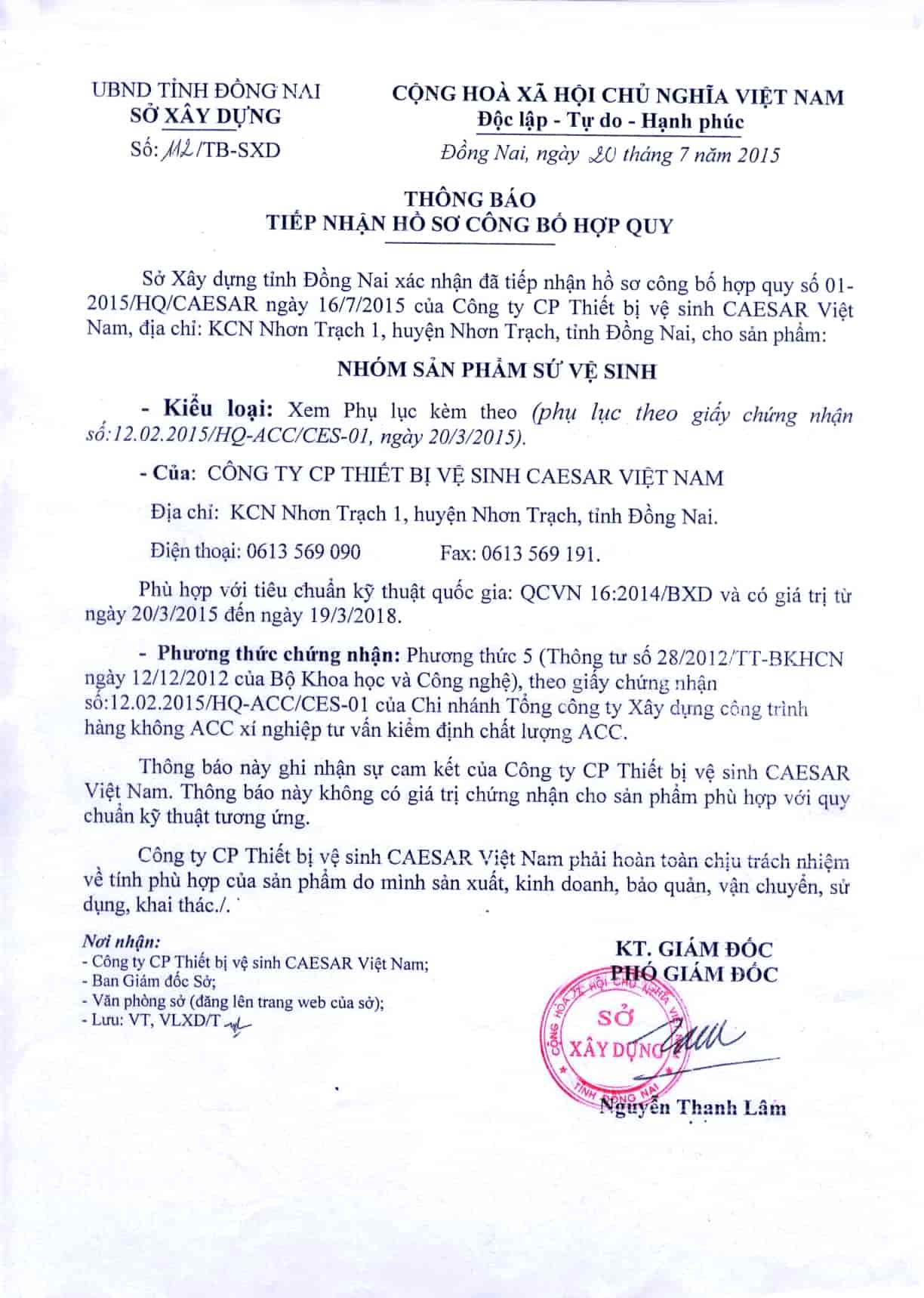 Giấy chứng nhận hợp quy thiết bị vệ sinh CAESAR