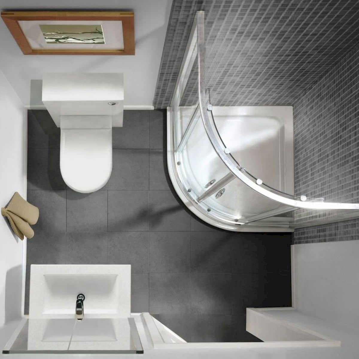 Thiết kế phòng tắm cực kì đơn giản, chỉ với đúng 3 món sản phẩm và 2 tông màu đen trắng cơ bản, nhưng cực kì tiện nghi, mà gọn gàng, sạch sẽ.