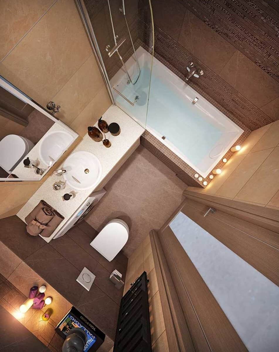 Phòng vệ sinh có chiếc bồn tắm nằm, bồn cầu, lavabo đặt bàn và cả 1 chiếc tủ chứa đồ dưới lavabo nhưng vẫn rất gọn gàng, với gam màu nâu trầm mang lại không gian ấm áp.