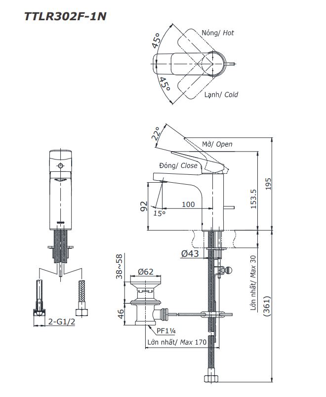 Vòi chậu lavabo nóng lạnh Rei-S TOTO TTLR302F-1N