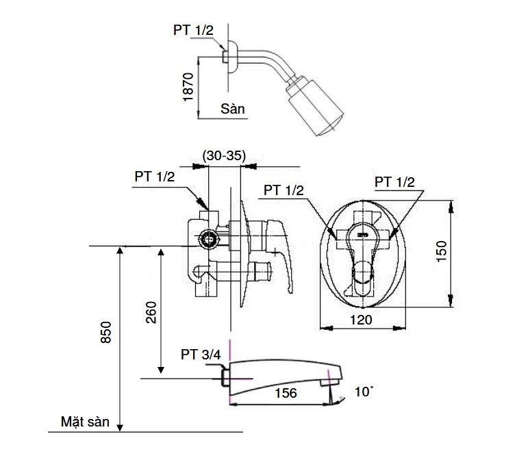 sen tắm âm tường TOTO TS581A TS602#CR nóng lạnh ARANDA