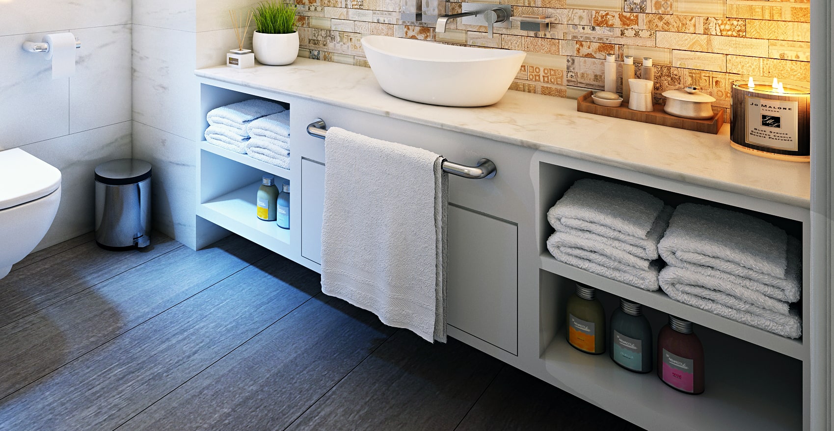 Kệ tủ nằm dưới lavabo tiện dụng mỗi khi cần lấy đồ