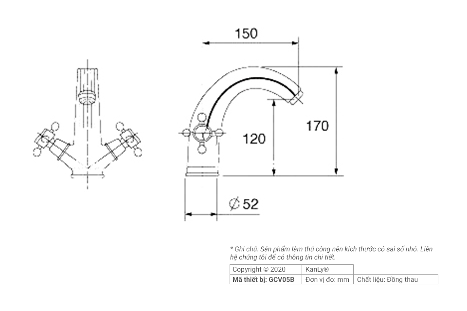 Vòi chậu lavabo nóng lạnh bằng đồng Kanly GCV05B