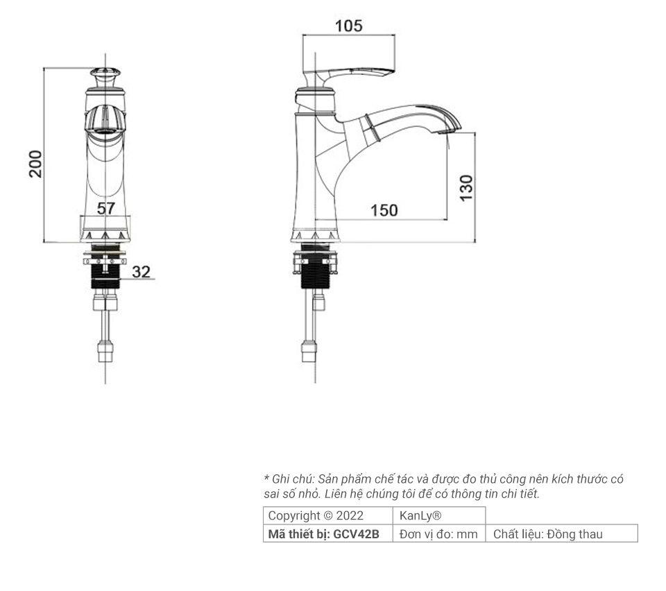 Vòi nước lavabo nóng lạnh có dây rút bằng đồng Kanly GCV42B